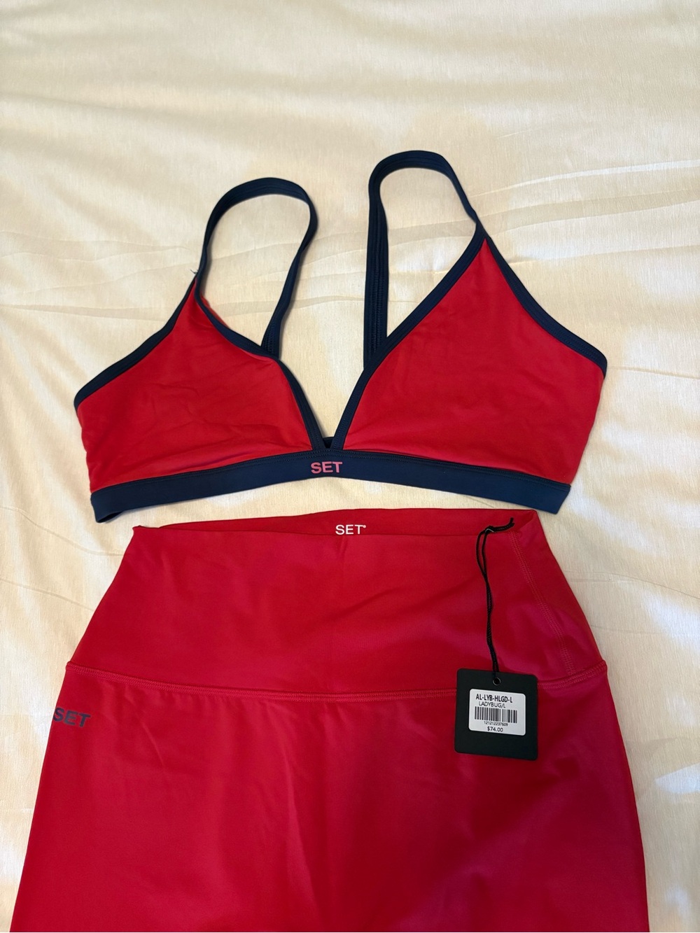 SET Active Red Leggings & Bralette Set with Navy Trim